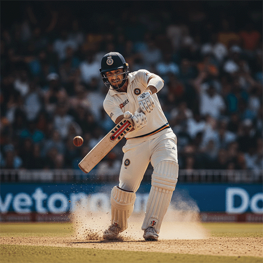 Cricket batsman playing a shot under lights