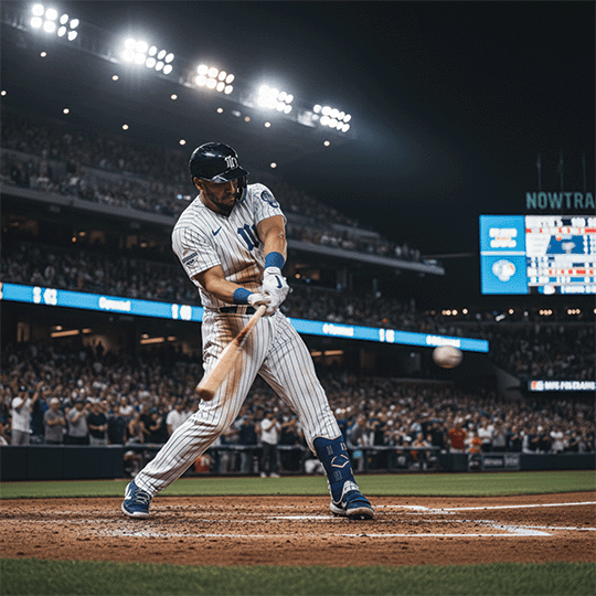 Baseball slugger crushing a pitch under bright stadium lights