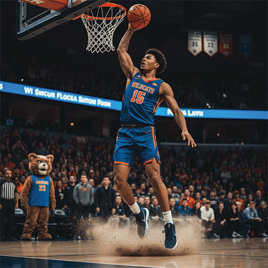 College basketball player going for a layup